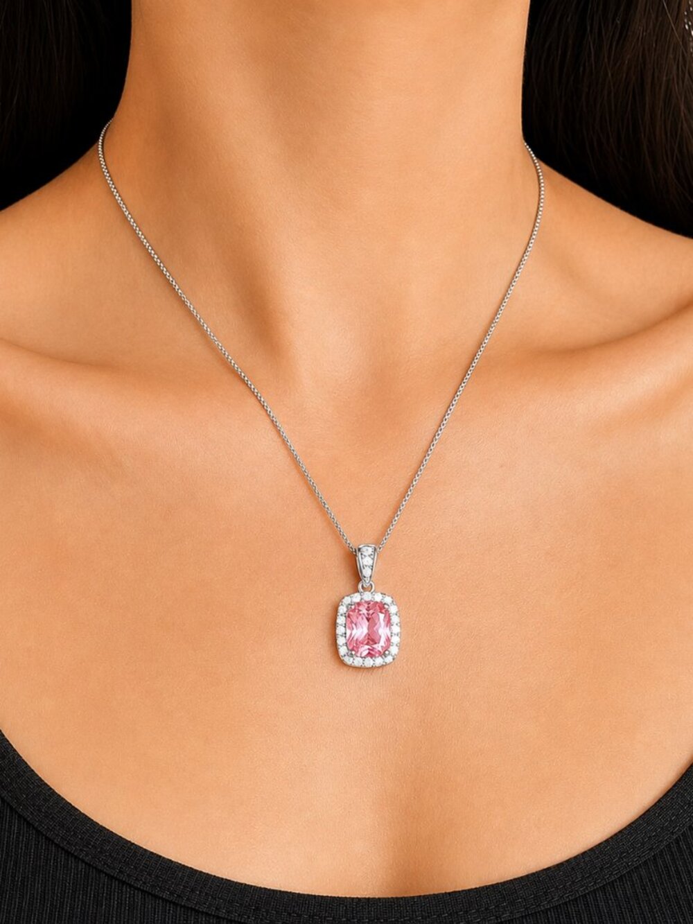 NEW 925 Sterling Silver Pink Sapphire Diamond Necklace